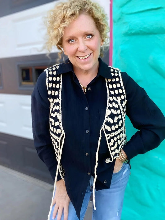 apparel Black and Cream Crochet Front Tie Vest