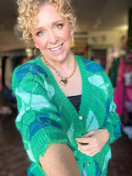 Tops Buffy Argyle Cardigan- Green