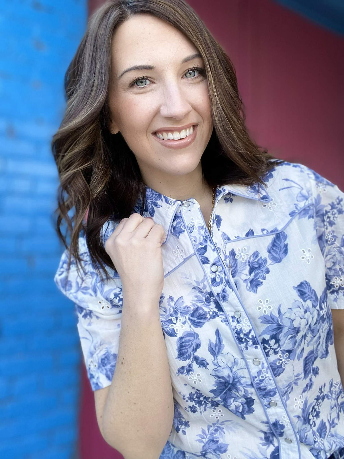 Tops China Blue Pearl Snap Blouse