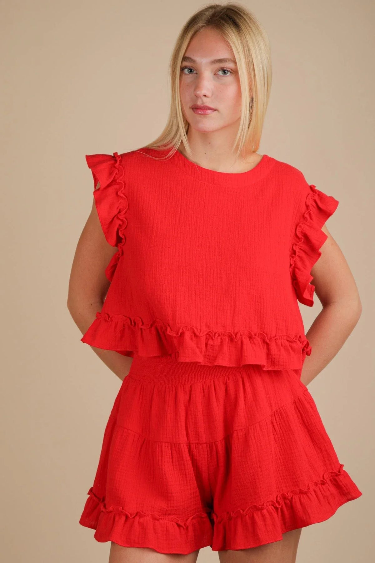 Gauze Short Ruffle Set Red