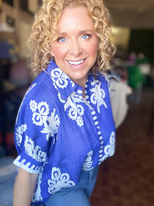 Tops Jayda Funky Print Blouse- Cobalt Blue