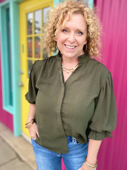 Tops Katie Balloon Sleeve Blouse- Olive