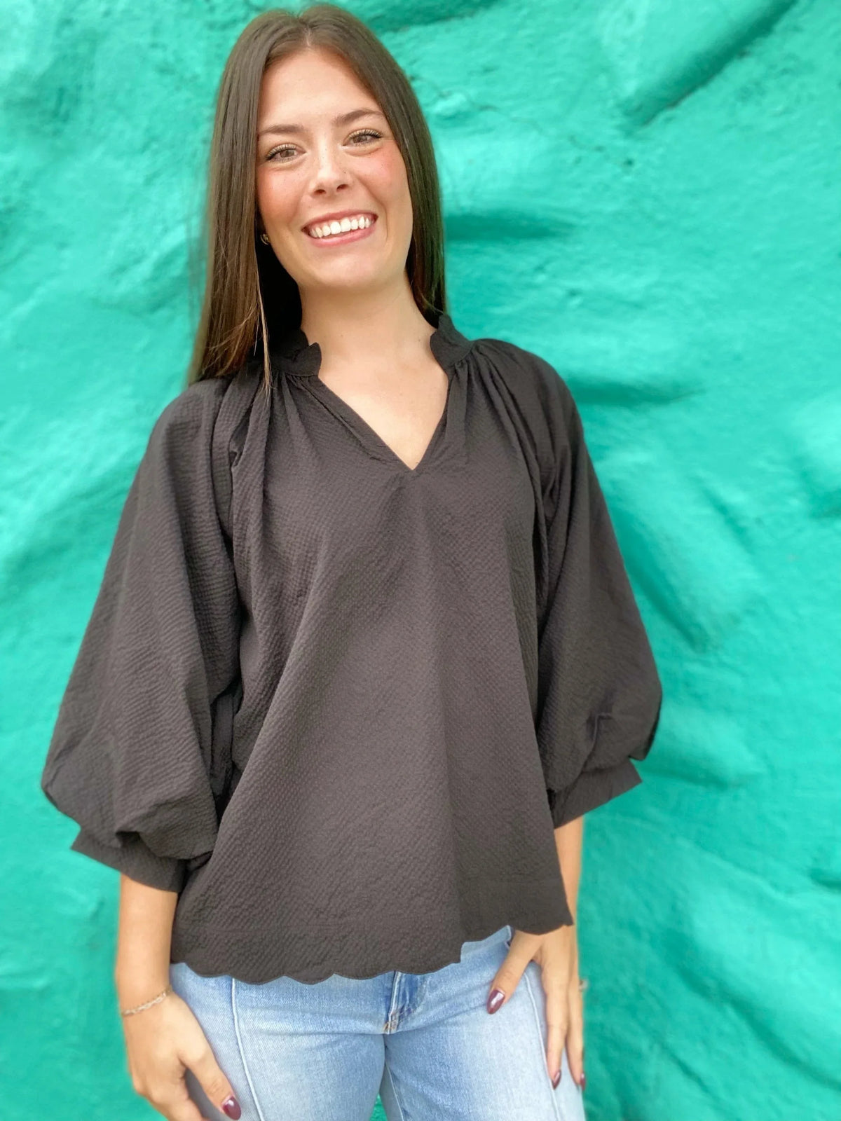 Tops Reese Vneck Balloon Sleeve Top-Black