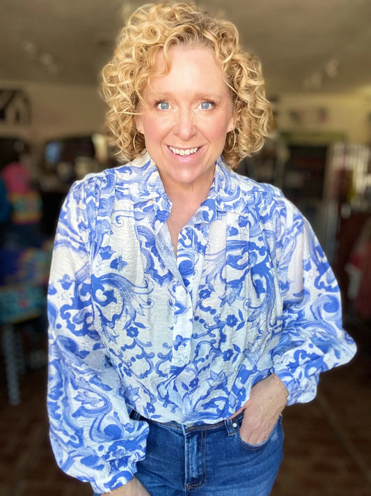 Tops Royal Swirl Button Down Blouse