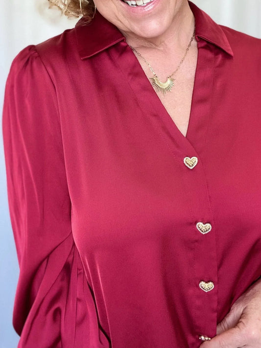 Tops Satin Heart Button Blouse- Red