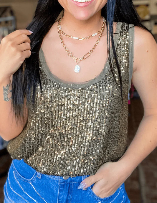 Tops Sequin Tank-Olive