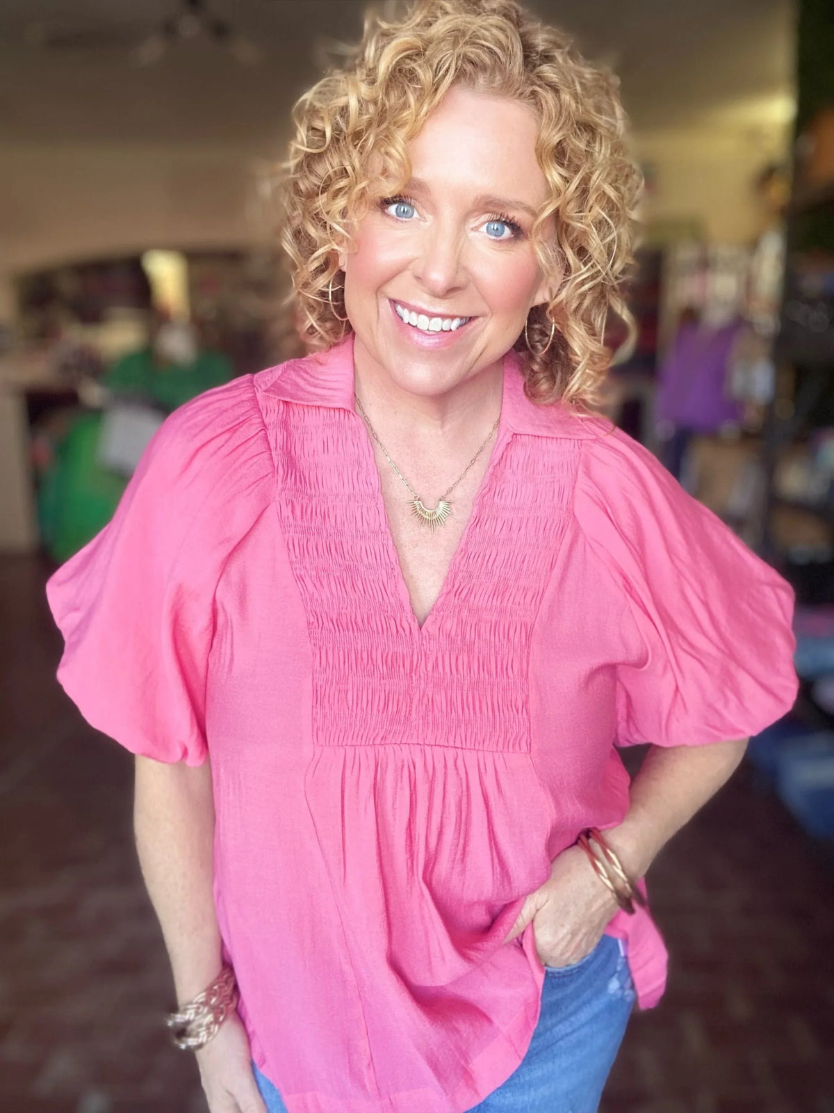 Tops Sydni Puff Sleeve Blouse Coral Pink