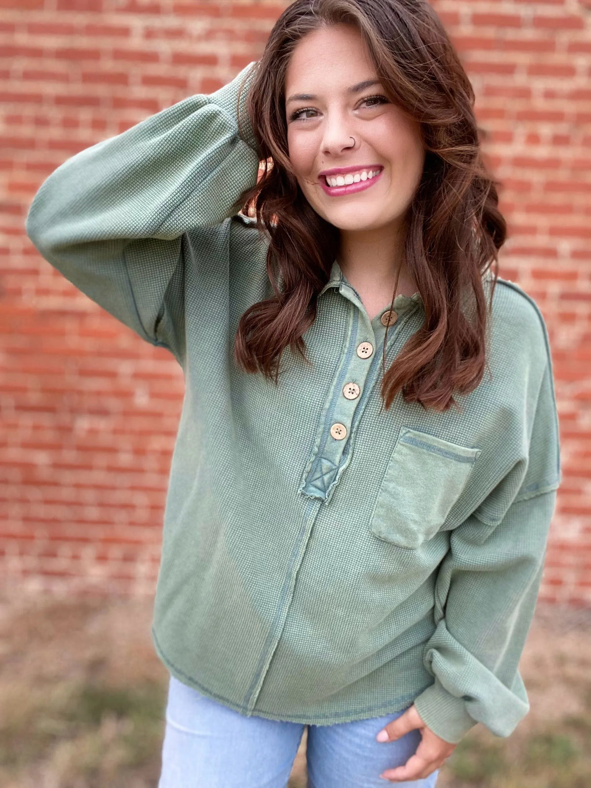 Tops Acid Waffle Pullover- Green
