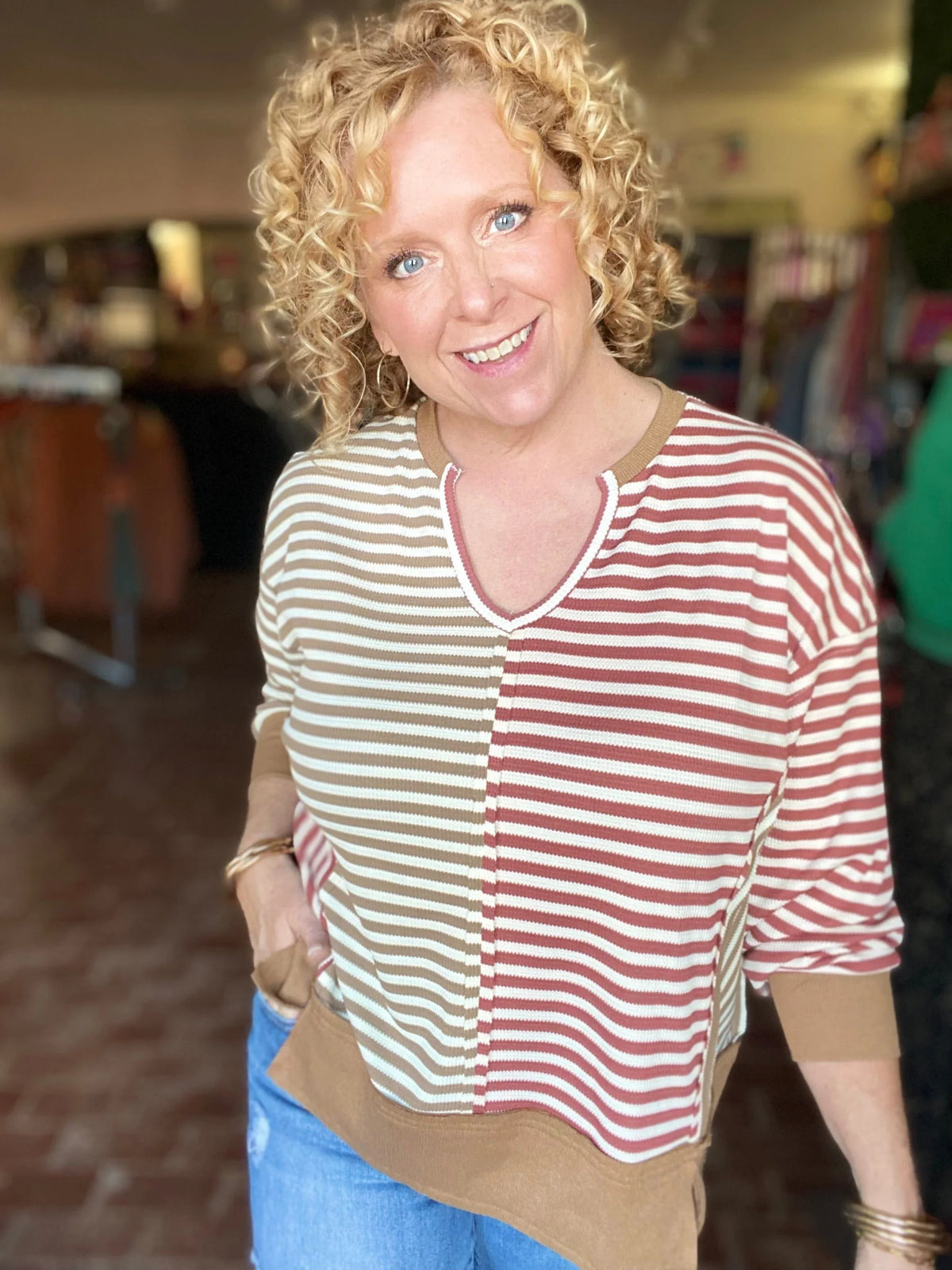 Tops BiBi Thermal Stripe Color Block Pullover