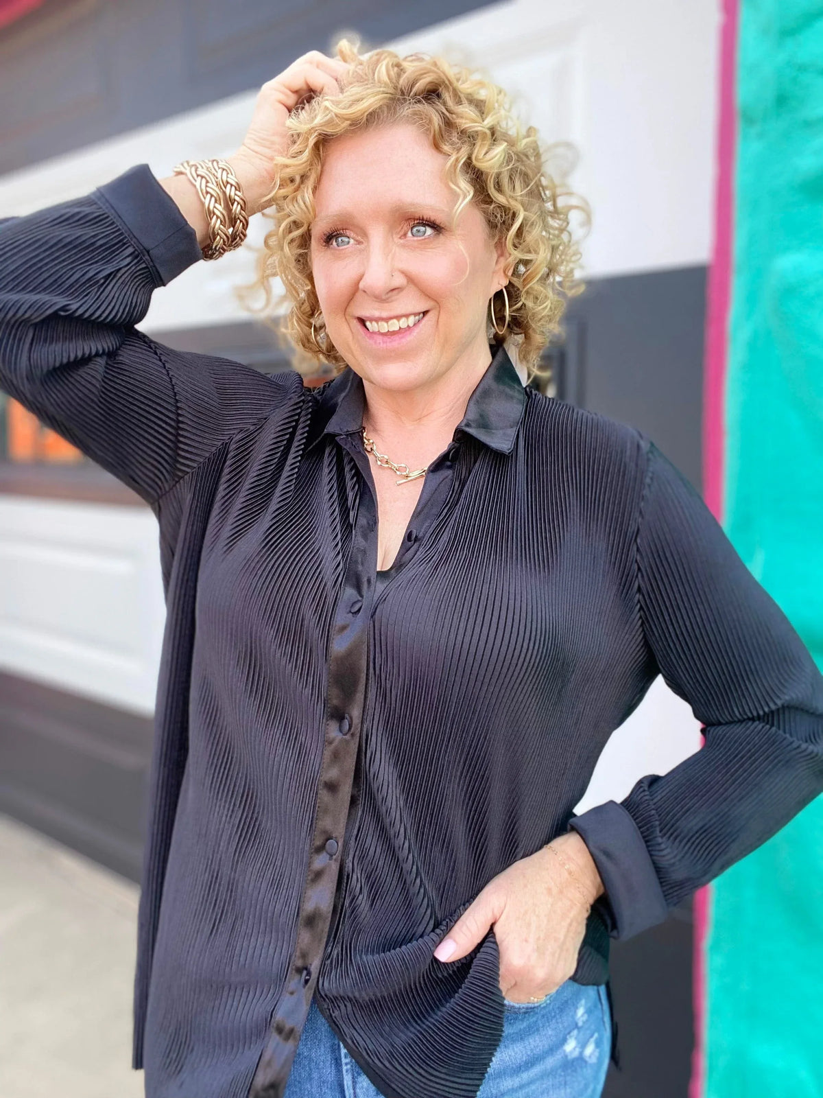 Tops Black Ribbed Button Down Top