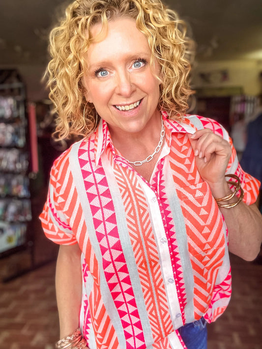 Tops Bright Aztec Button Down-Citrus