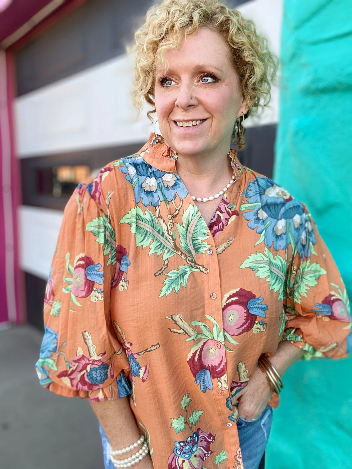 Tops Cady Floral Balloon Sleeve Top- Coral