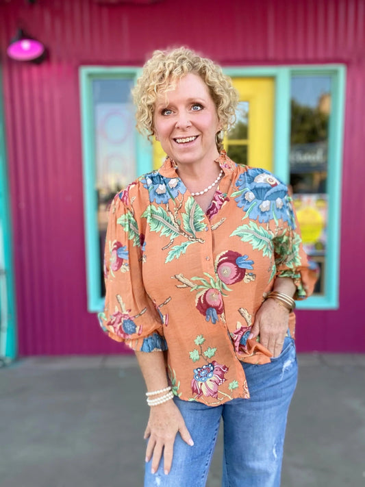Tops Cady Floral Balloon Sleeve Top- Coral