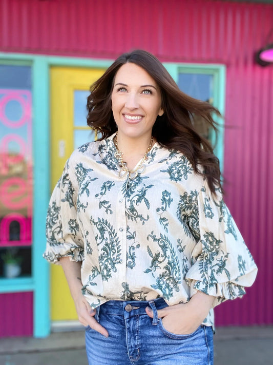 Tops Cady Floral Balloon Sleeve Top- Cream & Teal