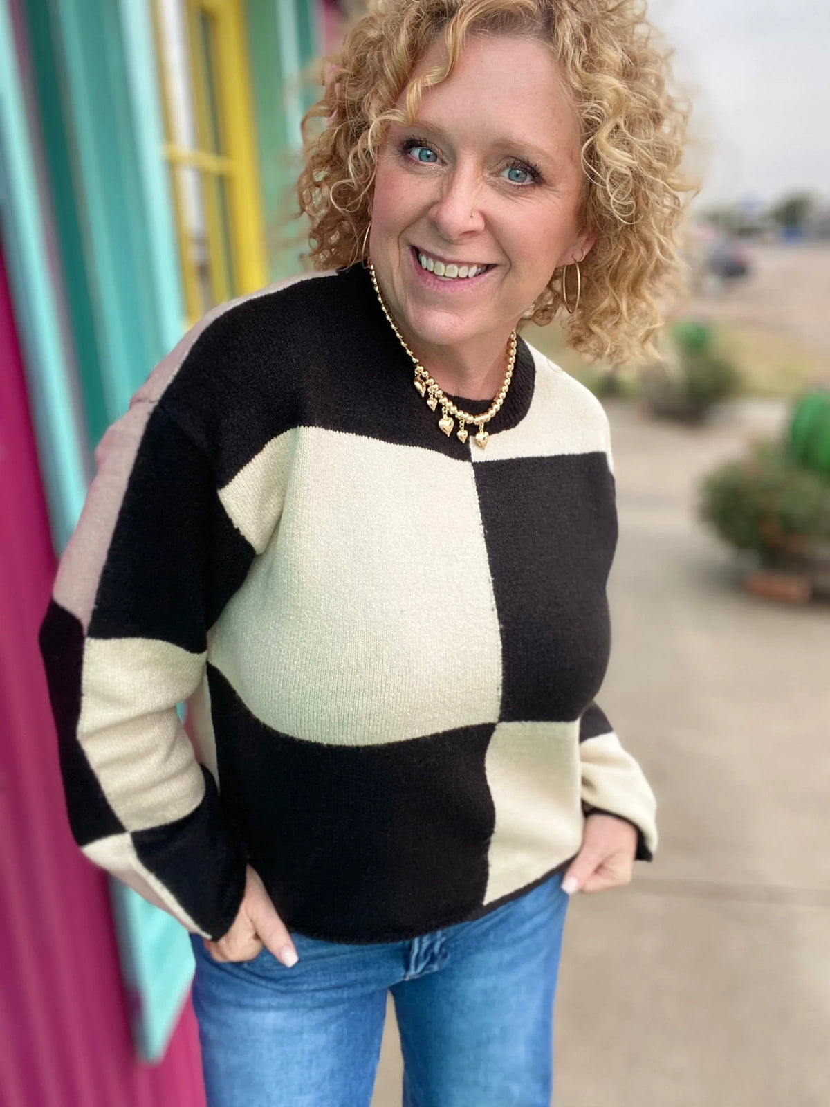 Shirts & Tops Checked Sweater- Cream and Black