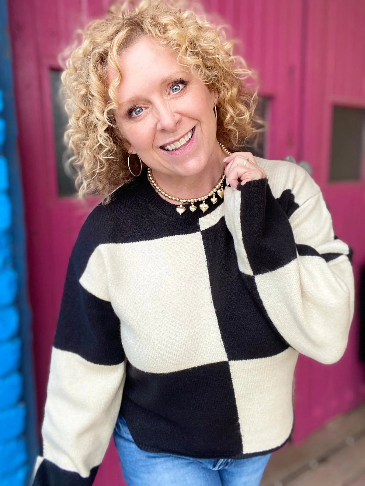 Shirts & Tops Checked Sweater- Cream and Black