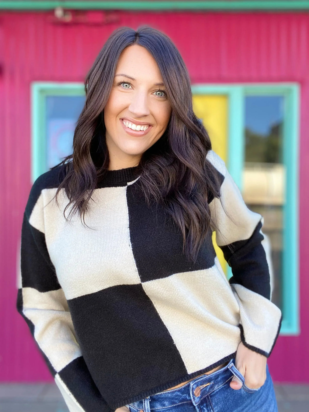 Shirts & Tops Checked Sweater- Cream and Black