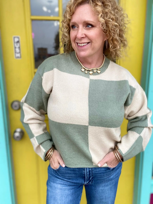 Shirts & Tops Checked Sweater- Cream and Sage