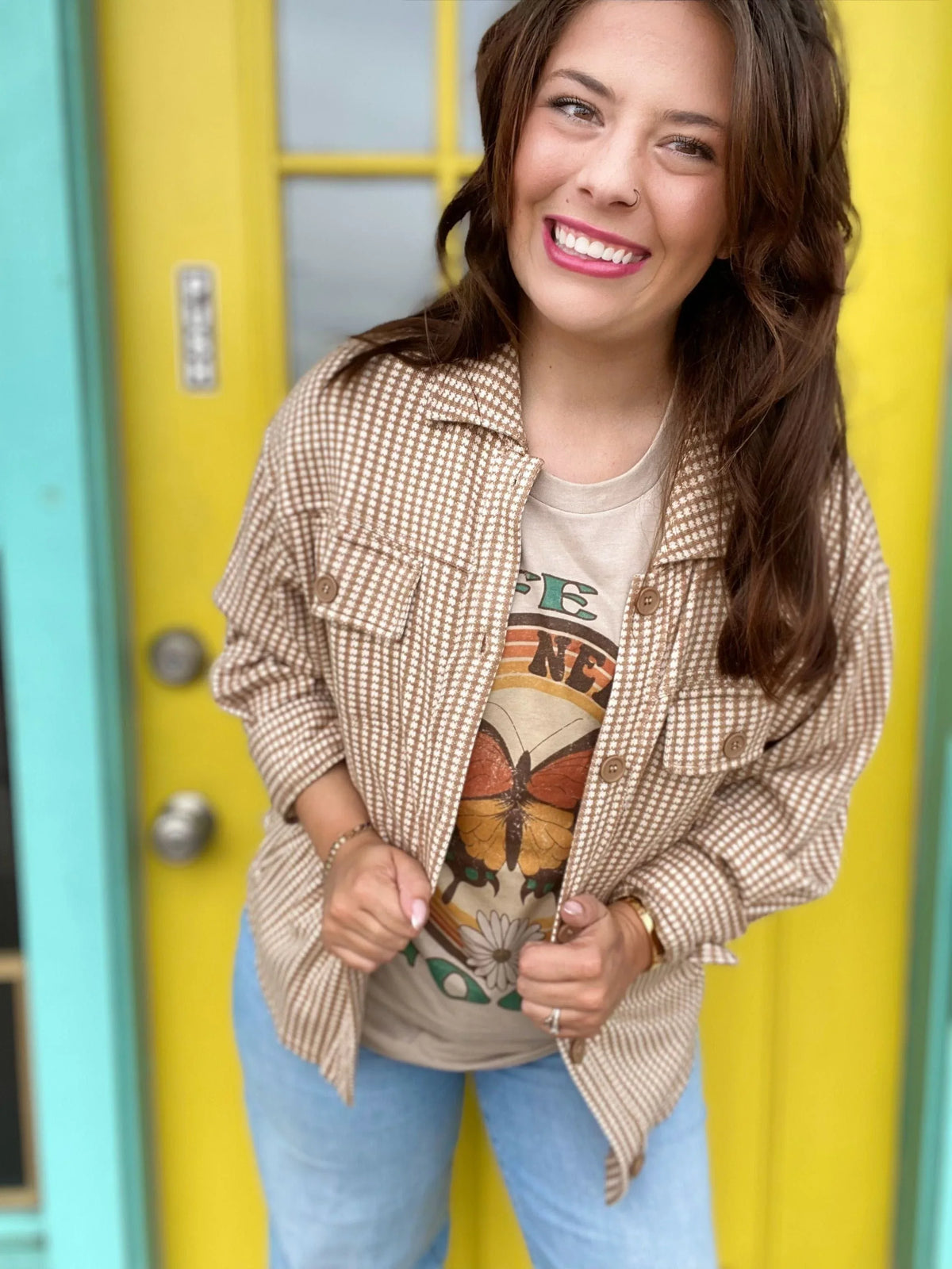 Tops Checkers Knit Shirt Jacket- Latte