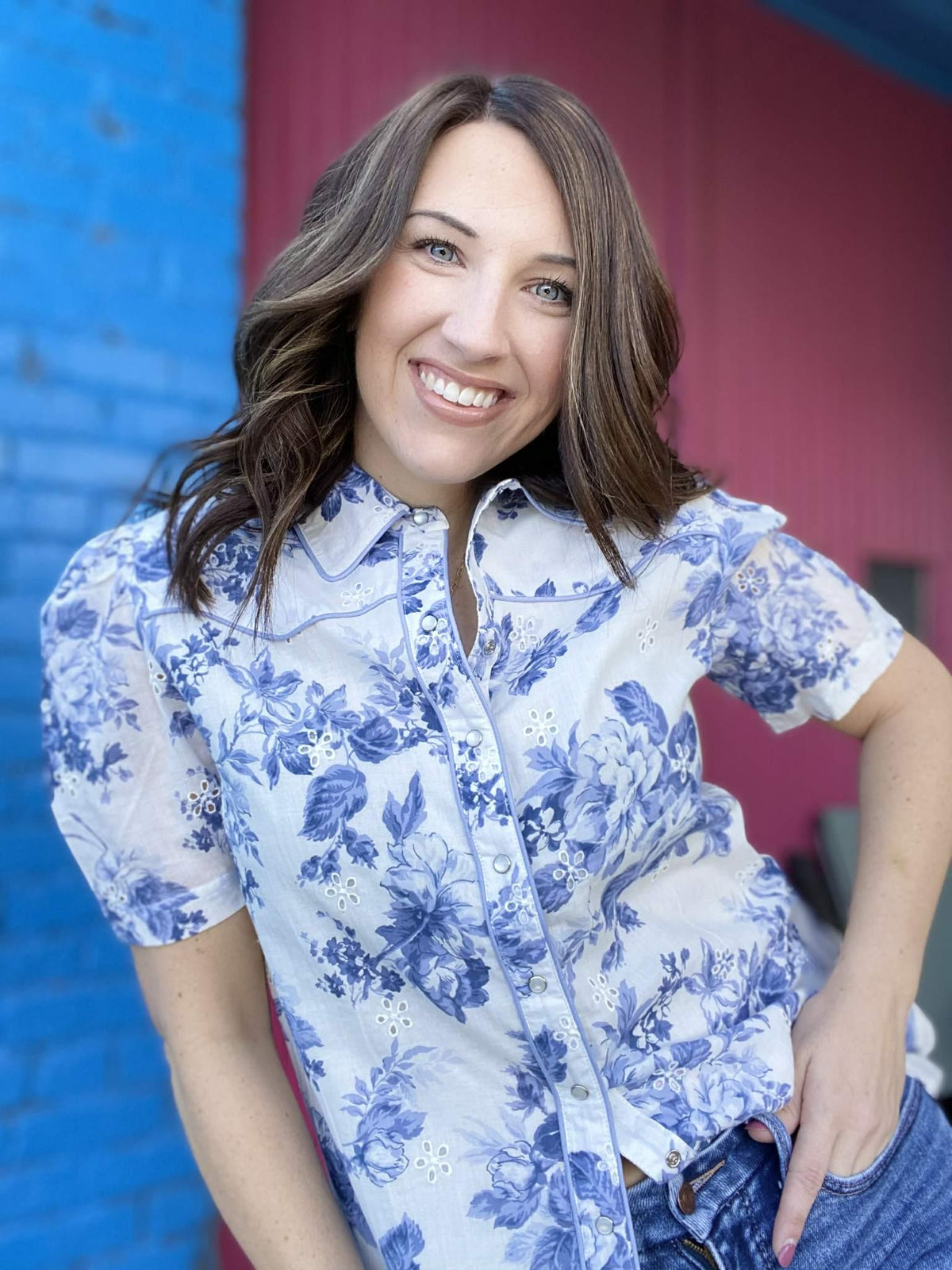 Tops China Blue Pearl Snap Blouse
