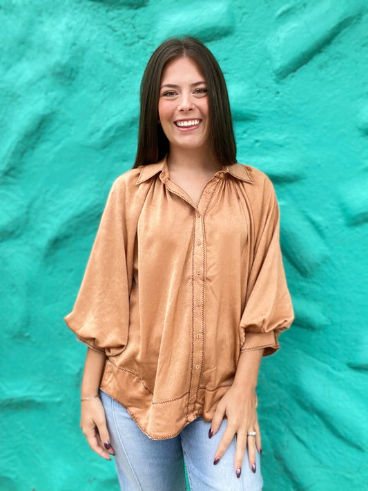 Tops Clarke Button Front Blouse- Camel