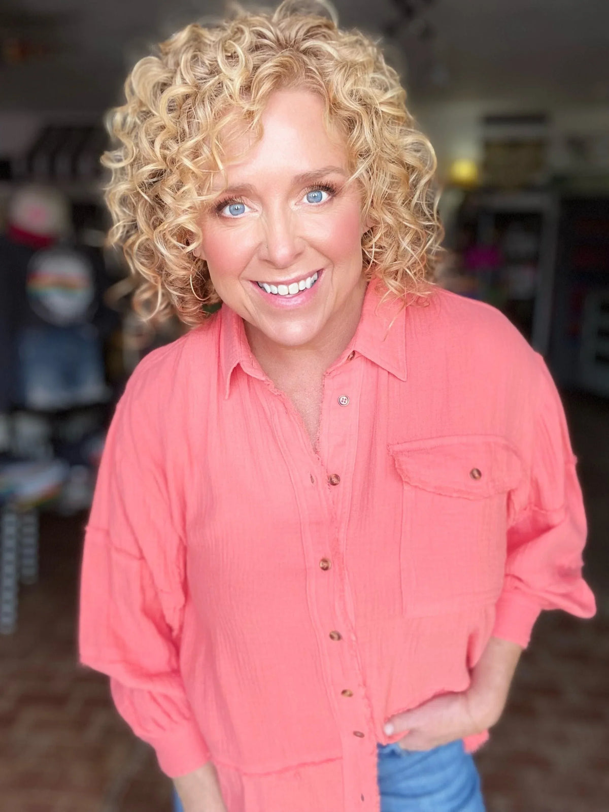 Tops Coral Gauze Button Down Shirt