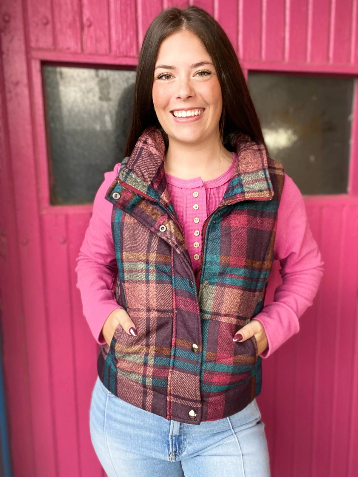 Outerwear Daevi Plaid Puff Vest- Blue