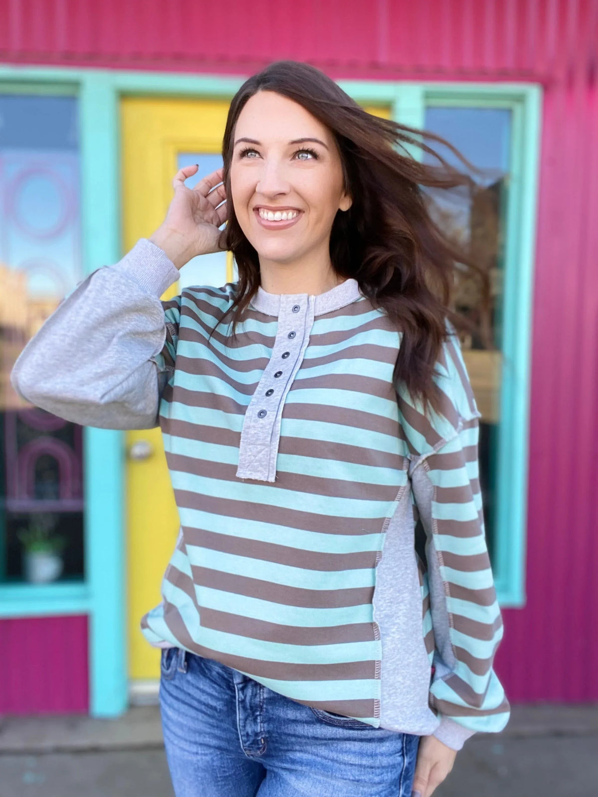 Shirts & Tops Emily Stripe Half Button Pullover- Mint