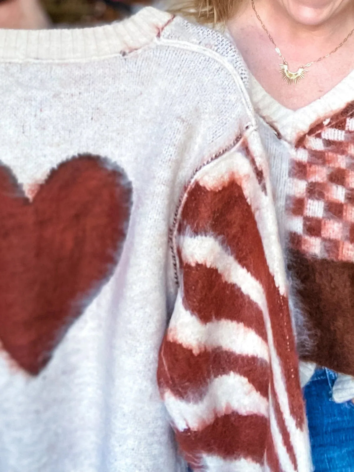 Tops Flowers and Checks Sweater-Brick