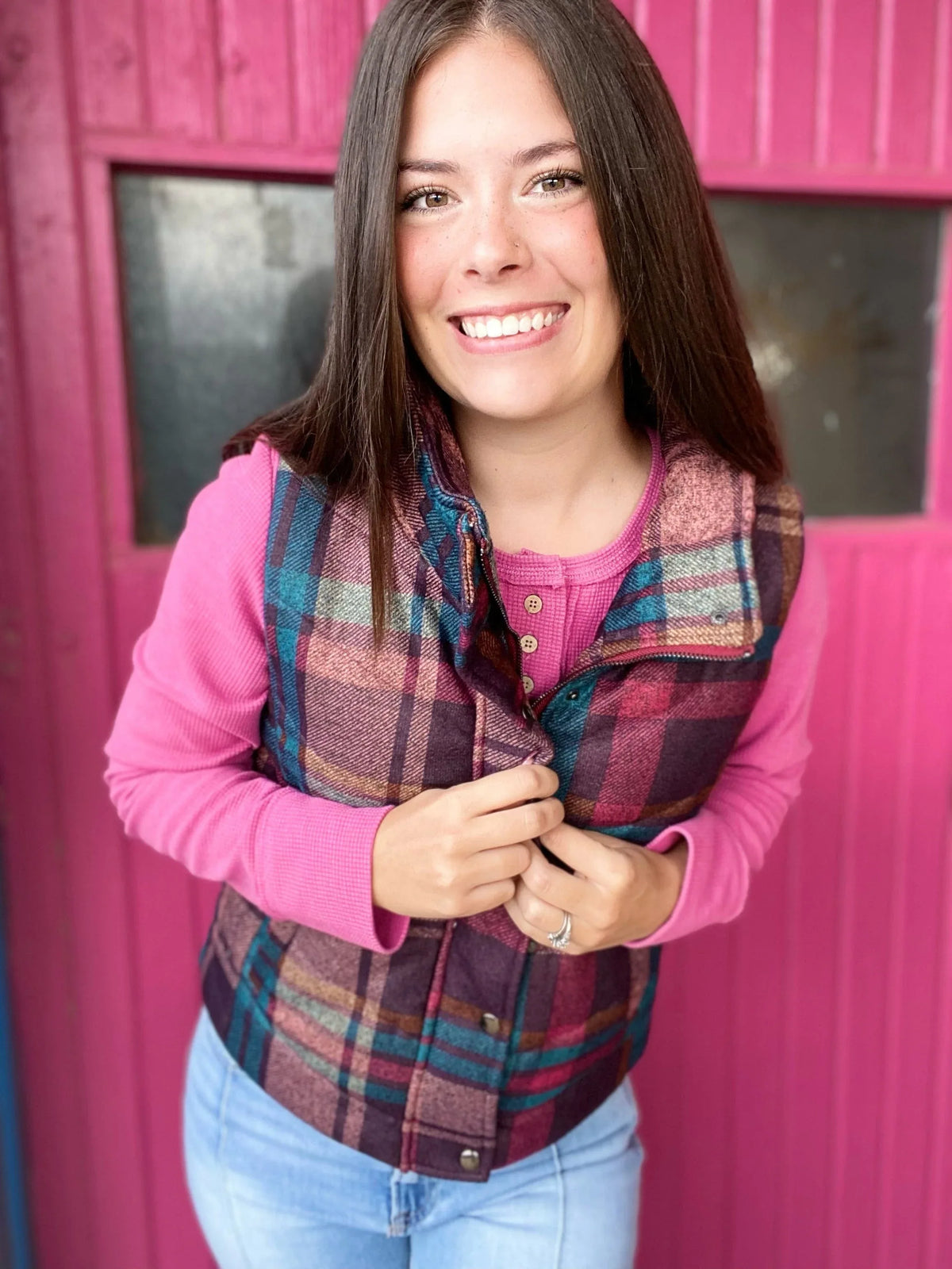 Tops Fuchsia Waffle Knit Henley