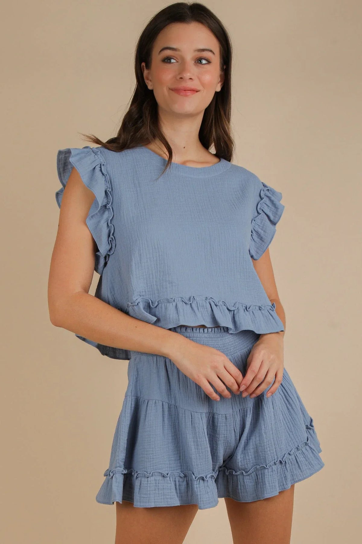 Gauze Short Ruffle Set Blue