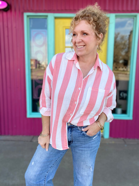 apparel Gauzy Button Down Stripe-Coral