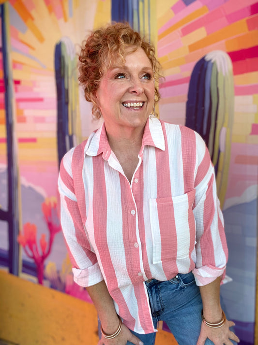 apparel Gauzy Button Down Stripe-Coral