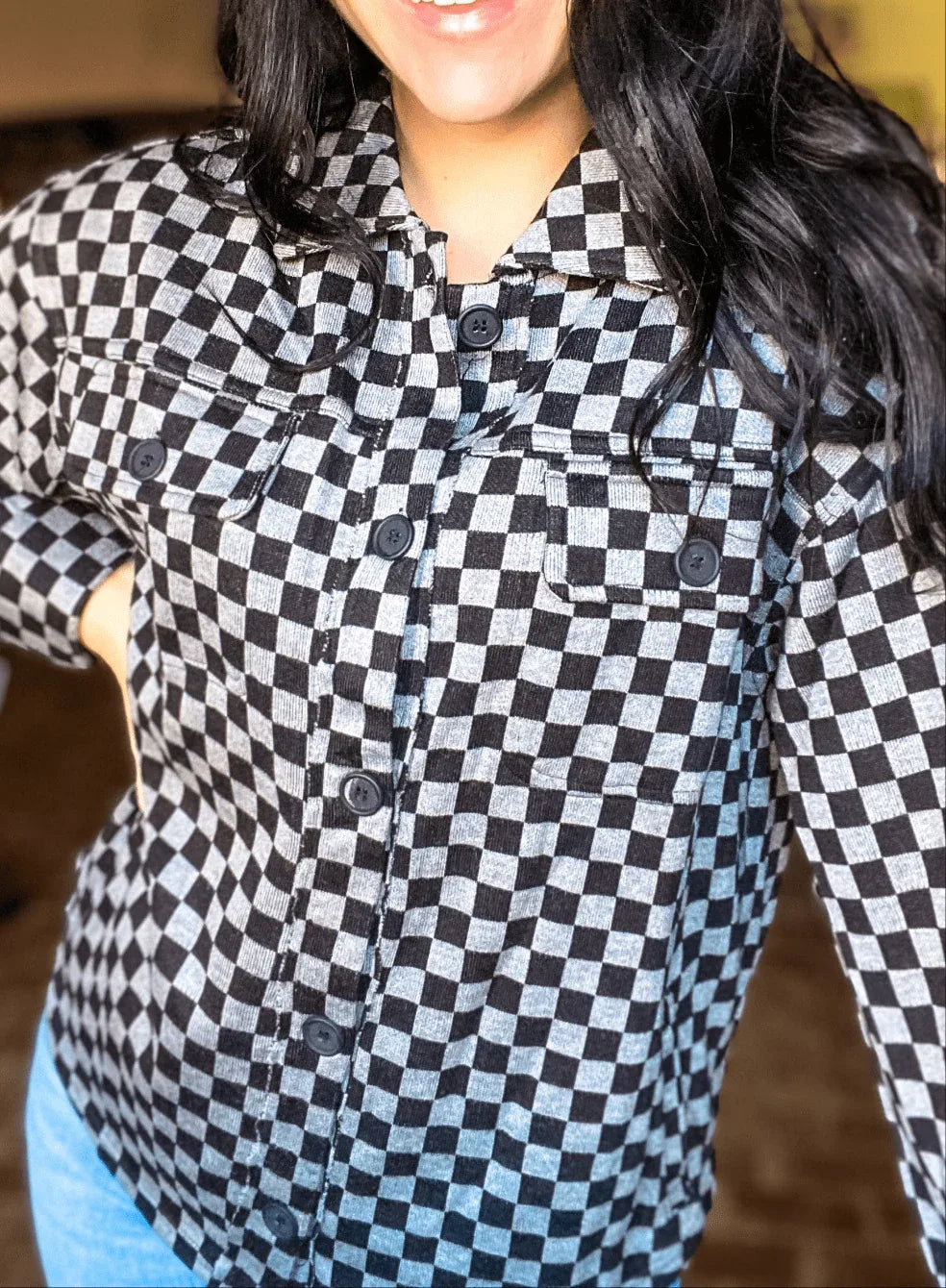 Tops Get Checked Shirt Jacket- Charcoal