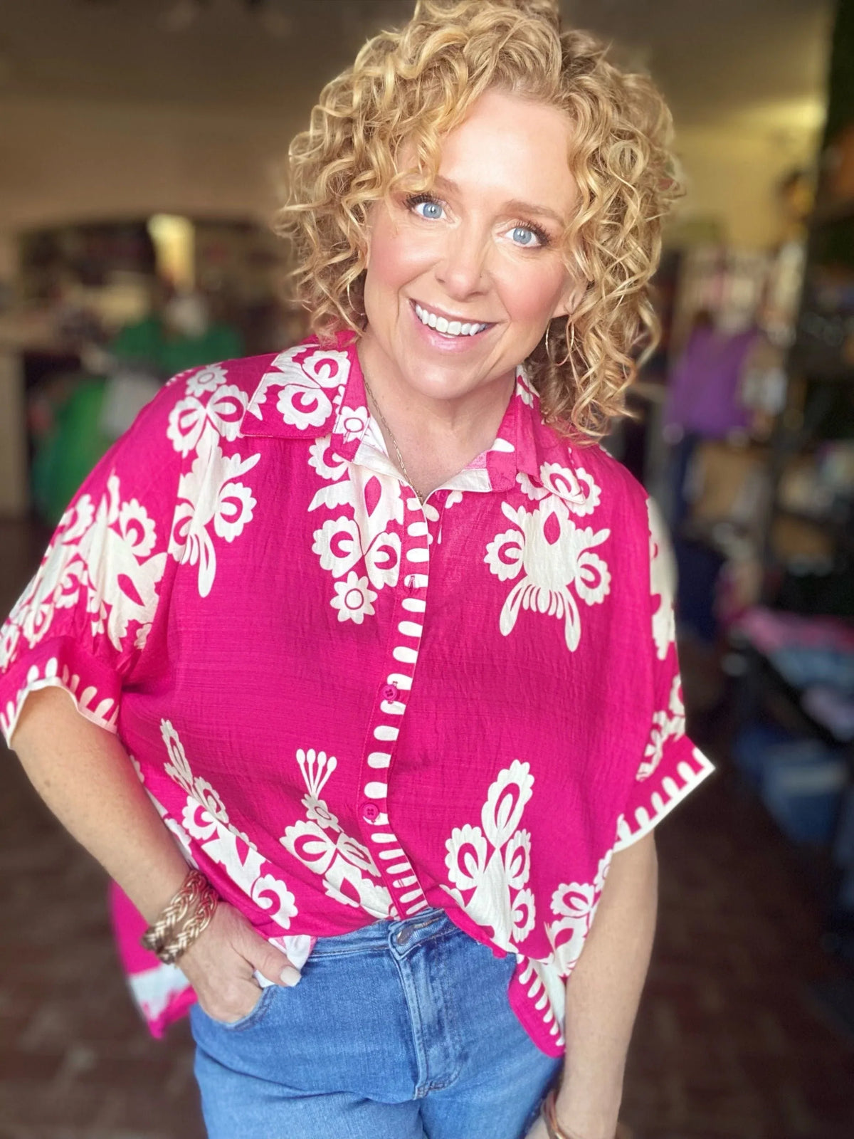 Tops Jayda Funky Print Blouse- Hot Pink