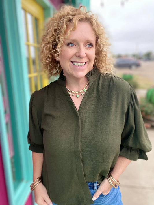 Tops Katie Balloon Sleeve Blouse- Olive