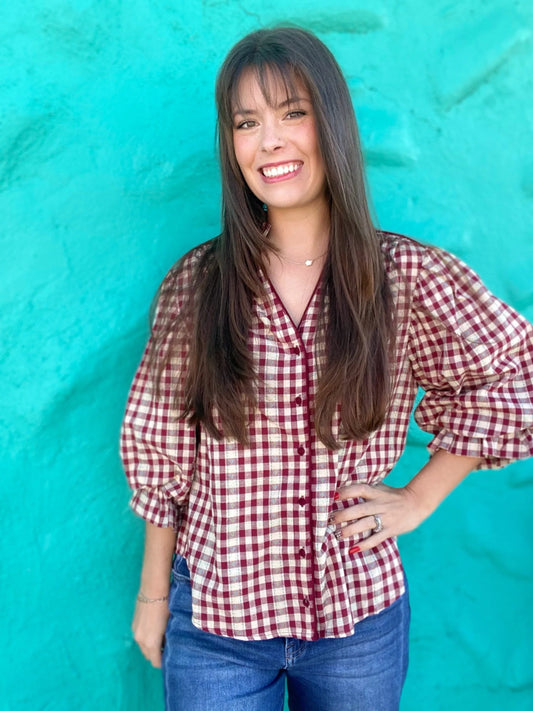 Tops Katie Balloon Sleeve Blouse- Wine GIngham