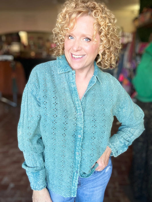 Dresses Mineral Wash Eyelet Button Down Top