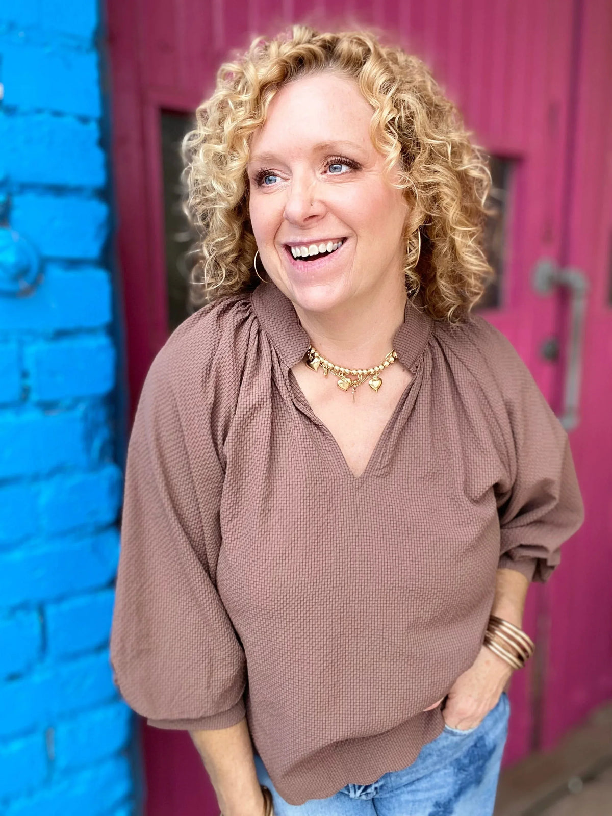 Tops Reese Vneck Balloon Sleeve Top-Chocolate
