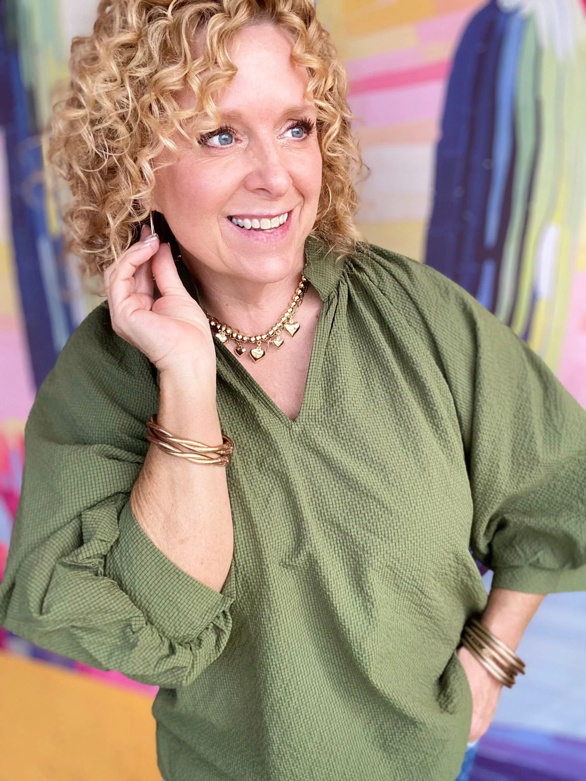 Tops Reese Vneck Balloon Sleeve Top-Olive