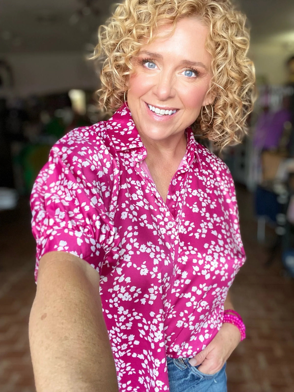 Tops Satin Ditzy Floral Blouse