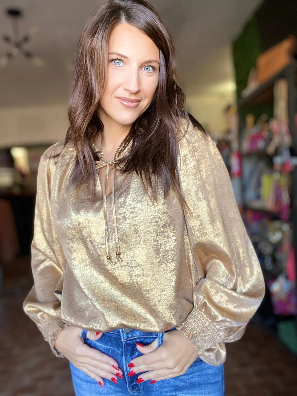 Shimmer Ruffle Collar Blouse-Gold
