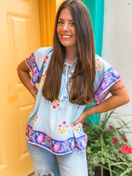 Tops Sierra Ruffled Neck Blouse Blue