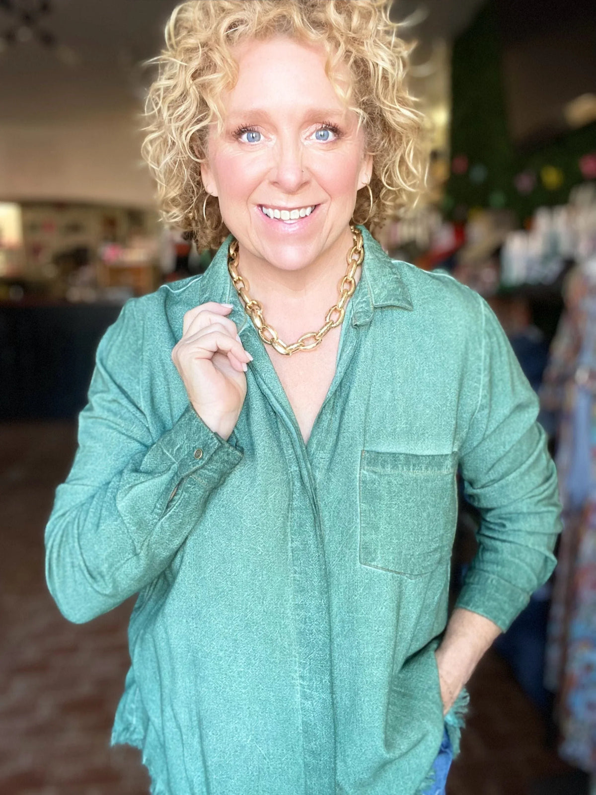 Tops Split Back Button Down Top- Forrest