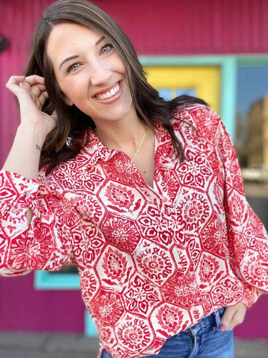 Tops Sydnee Red Honeycomb Blouse