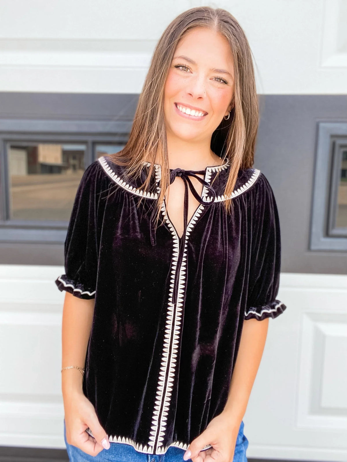 Tops THML Velvet Puff Sleeve Blouse
