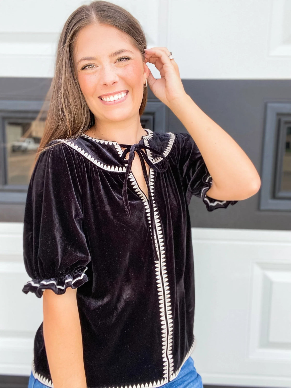Tops THML Velvet Puff Sleeve Blouse
