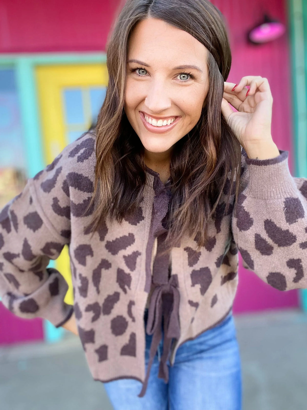 Tops Tone on Tone Bow Cardi- Mocha