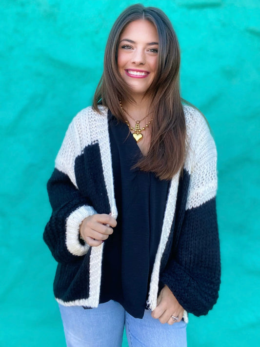 Tops Two Tone Yarn Cardi- Black