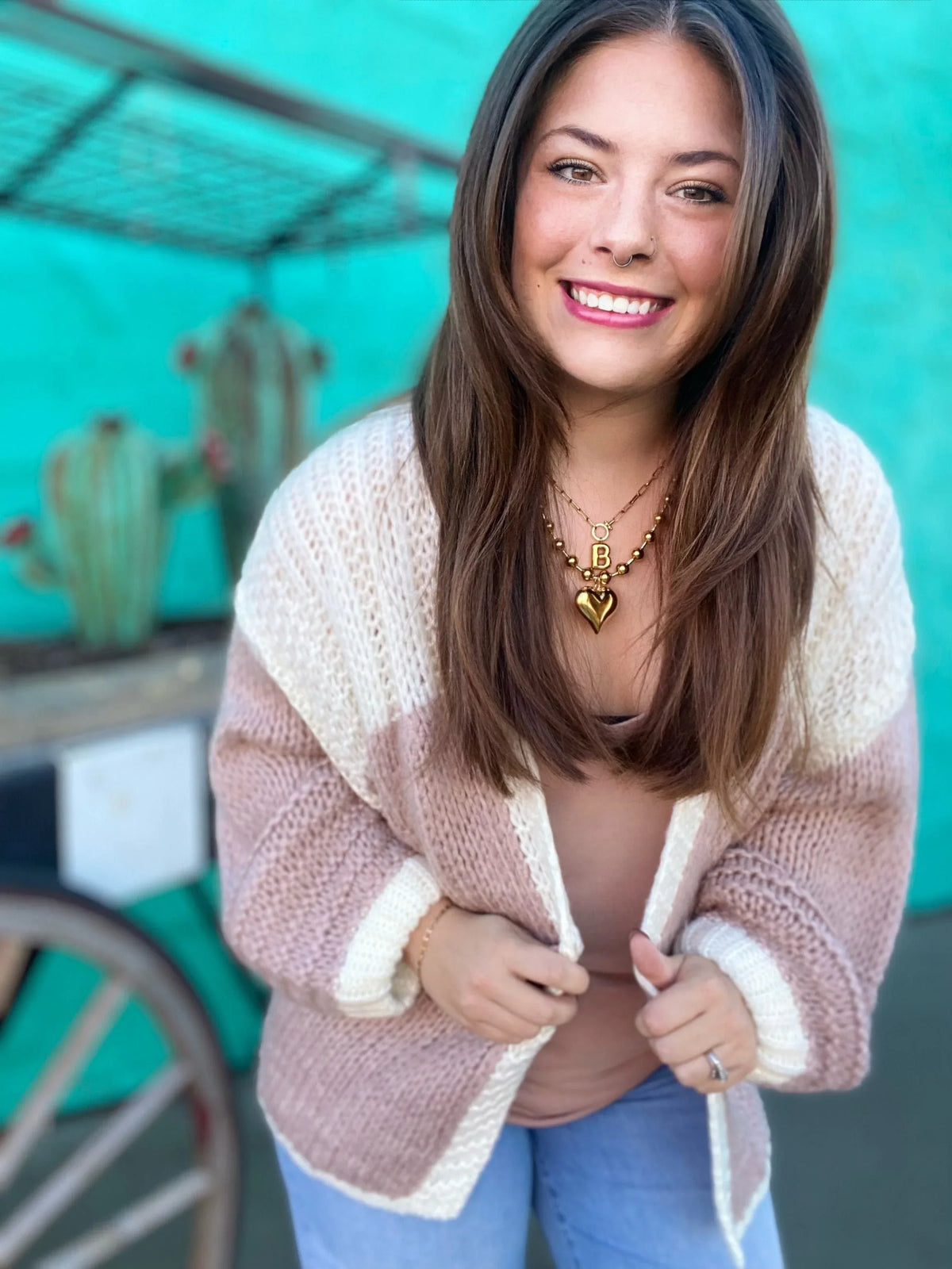 Tops Two Tone Yarn Cardi-Mocha